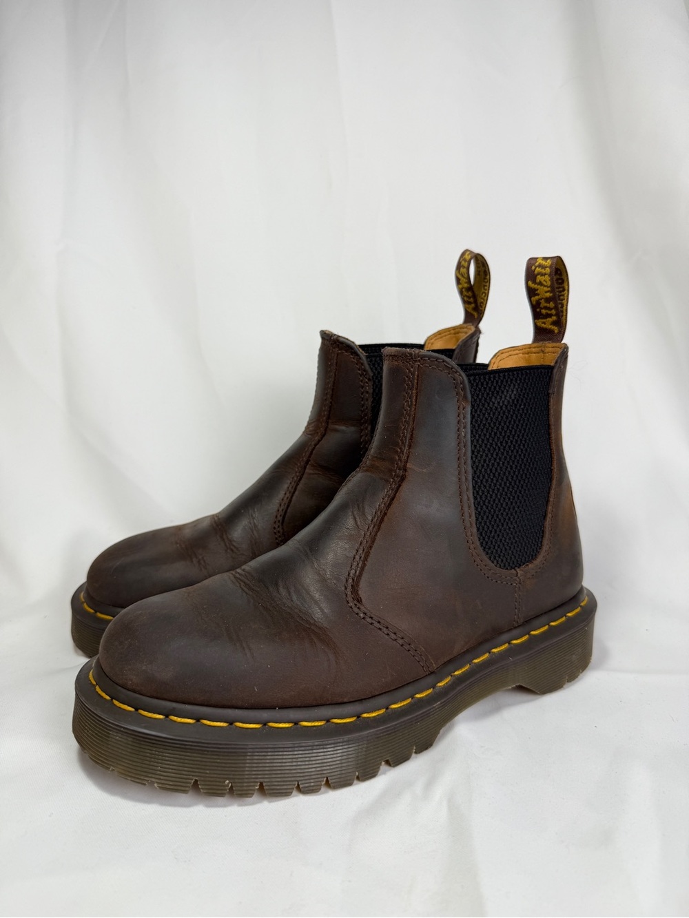 Dr. Martens Chelsea Boot Men 6 Womens 7 27896 Distressd Brown Yellow Stitch - Picture 1 of 10